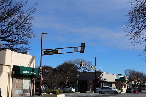 1-8-2024: San Carlos, California: Downtown San Carlos, California. Intersection of San Carlos Avenue and Laurel Avenue