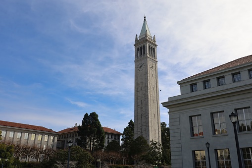 1-8-2023: Berkeley, California, USA: University of Califfornia at Berkeley Campus, Sather tower, Companile, Bell Tower