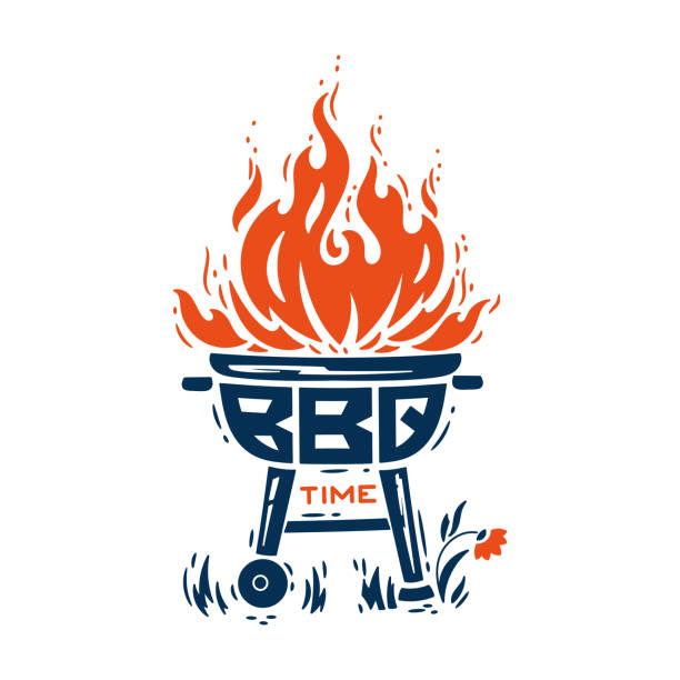 BBQ Time. Grill Barbecue Party. Portable Charcoal Grill with Fire Flames. Vector illustration.