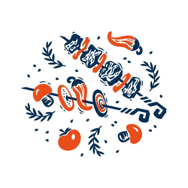 BBQ Time. Grill Barbecue Food. Meat Kebab or Shashlik and Barbeque Vegetable Skewer. Vector illustration.