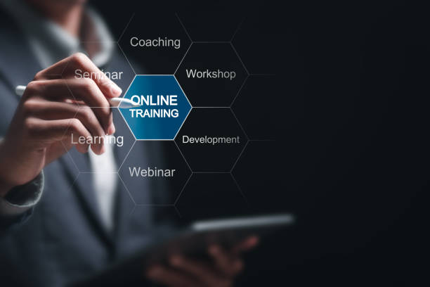 istock Training webinar E-learning skills business concept. Person touch virtual screen of online training for digital courses to develop new skills. 2148079102