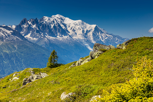 Snocapped summit of Montblanc and other mountains on Tour du Montblanc. Beautiful mountain peaks with snow and ice glaciers. TMB trekking route scenic landscape in french Alps in Chamonix valley alpine scene