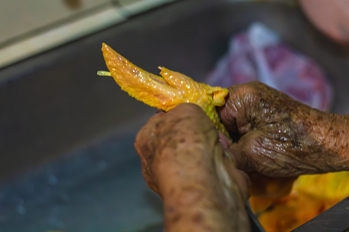 hand of elderly grandmother woman cutting a piece of a chicken in the kitchen to prepare lunch for the family