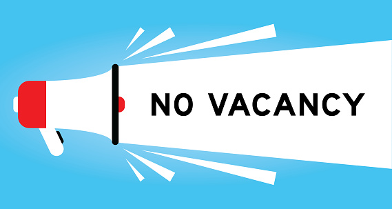 Color megaphone icon with word no vacancy in white banner on blue background