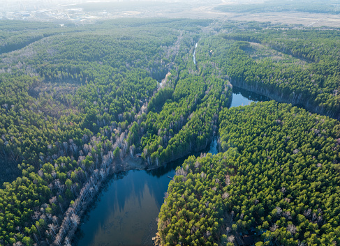 Spring or autumn lake in forest. Aerial view of lake in spring or autumn. Spring sunset landscape