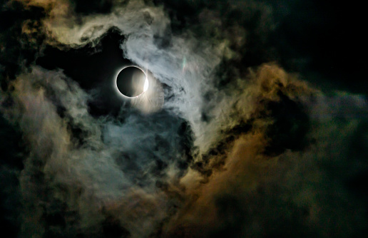 April 8 2024 Solar Eclipse viewed from Dallas Texas during a cloud break using a variable lens filter on a zoom lens. A once in a life time moment to witness rare celestial beauty.