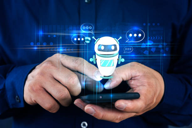 istock Hand touch Digital chatbot to access information and data in the online network. 2148089393