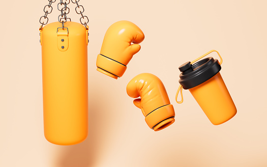 Cartoon boxing gloves and boxing bag, 3d rendering. 3d illustration.