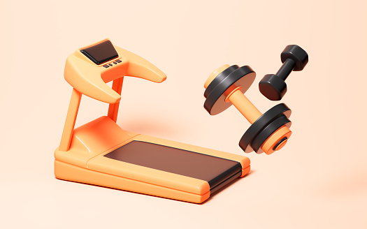 Cartoon treadmill and dumbbell in the yellow background, 3d rendering. 3d illustration.