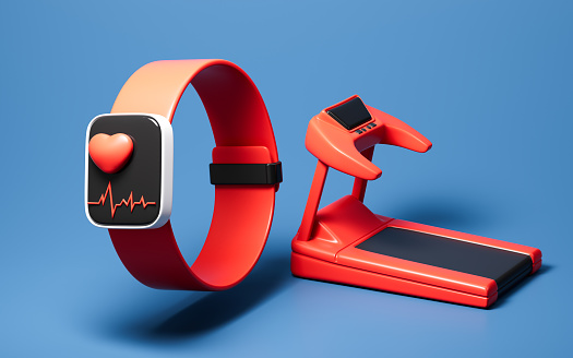 Cartoon fitness wristband and treadmill, 3d rendering. 3d illustration.