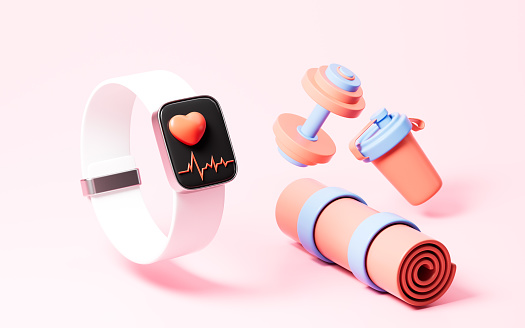 Cartoon fitness wristband, dumbbells, yoga mat and cup in the pink background, 3d rendering. 3d illustration.