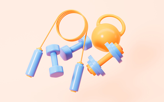 Cartoon rope skipping and dumbbells in the yellow background, 3d rendering. 3d illustration.