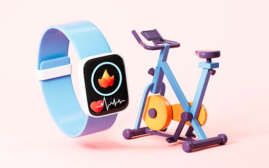 Cartoon fitness wristband and fitness bike, 3d rendering. 3d illustration.