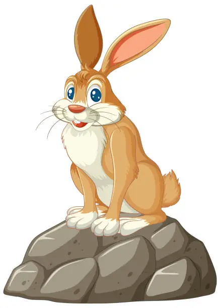 Vector illustration of A happy cartoon rabbit sitting on a stone