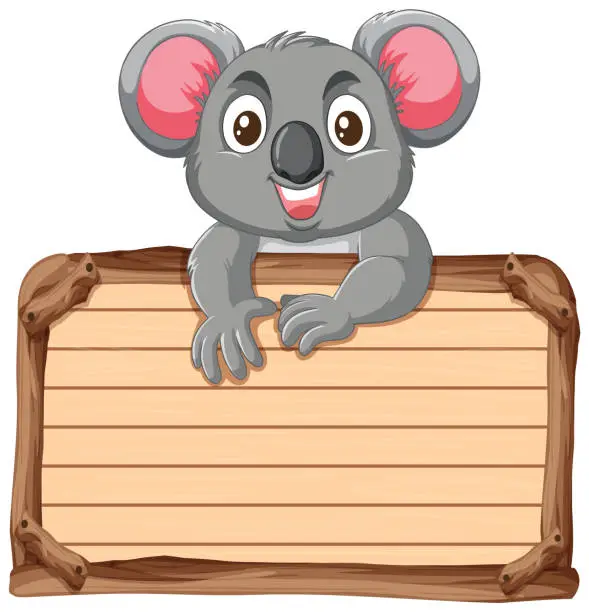 Vector illustration of Adorable koala cartoon on a blank wooden sign