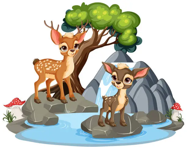 Vector illustration of Two cute deer fawns near a small waterfall and pond
