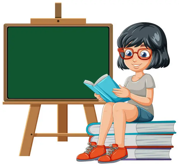 Vector illustration of Cartoon girl reading book beside blank chalkboard