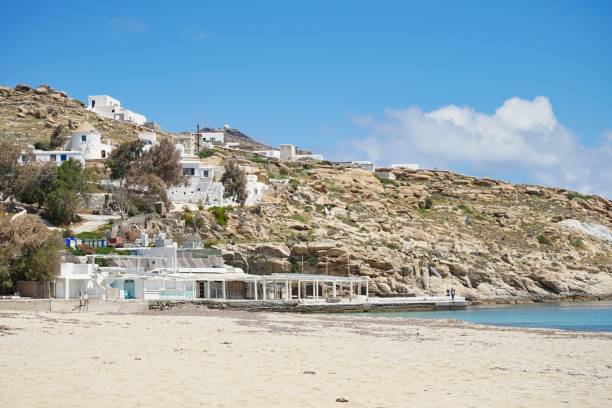 istock Closed beach-front restaurant beneath ocean-front cliffs during the off season in Mykonos, Greece 2148091335
