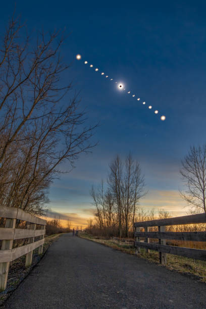 Wide angle composite of the different phases during the total solar eclipse of 2024 over scenic landscape