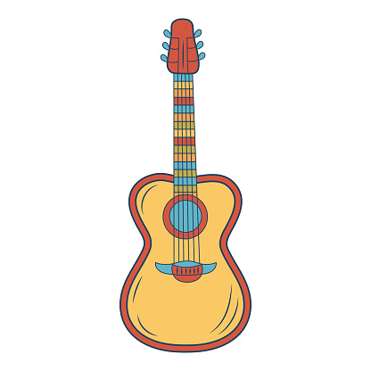 Retro groovy hippie guitar. Colorful cartoon psychedelic 60s, 70s style. Minimalistic old-fashioned art design.