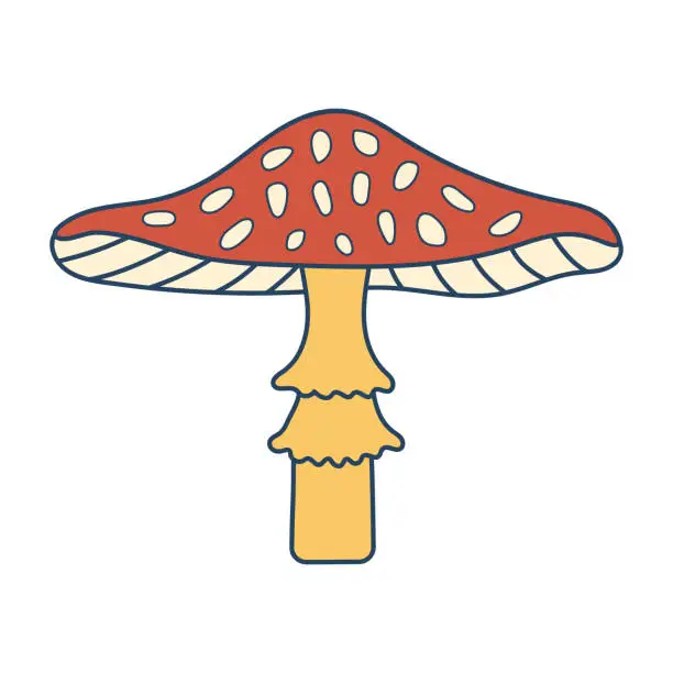Vector illustration of Retro groovy hippie mushroom. Colorful cartoon psychedelic fly agaric 60s, 70s style. Minimalistic old-fashioned art design.