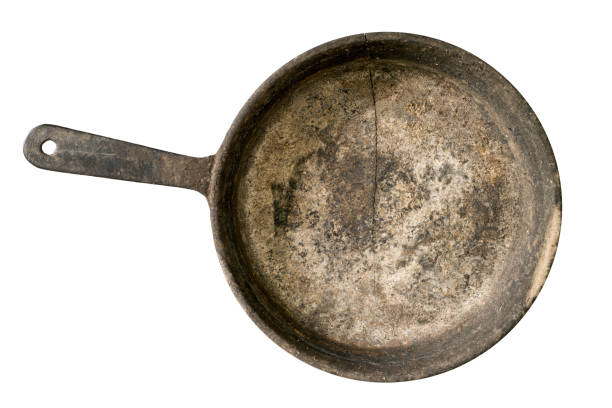 Old dirty frying pan isolated on white background.