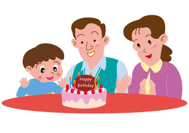 Vector illustration of Parents and son celebrating birthday with birthday cake