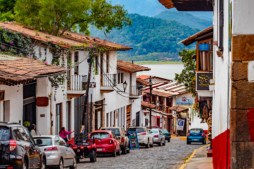 Valle de Bravo, State of Mexico Mexico, January 28 2024 Colorful town streets, Valle de Bravo with the lake in the background, in the state of Mexico