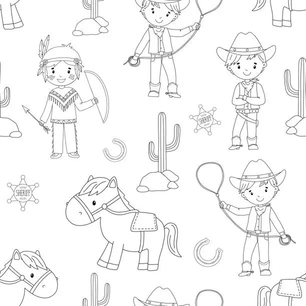 Vector illustration of Hand drawn vector monochrome seamless pattern with line cowboy. Cute childish outline repeat pattern on white background for kids