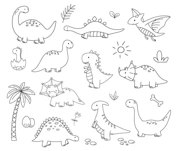 Vector illustration of Cute little baby dinosaurs set. Vector outline doodle illustrations isolated on white background for childish coloring book. Pterodactyl and T-rex, palm tree