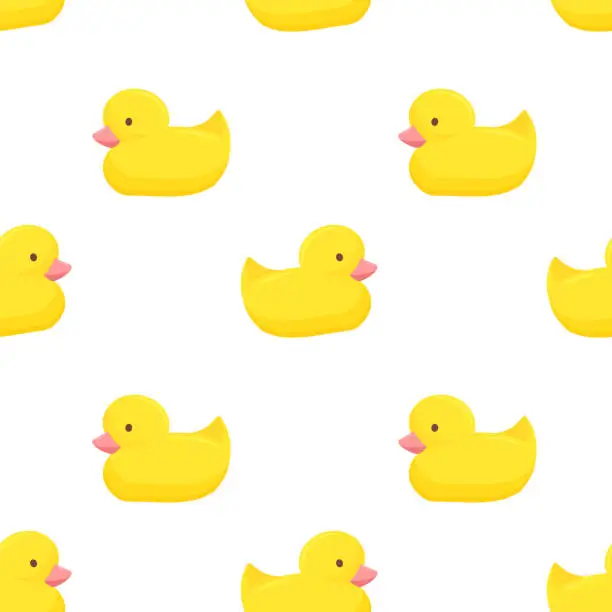 Vector illustration of Seamless pattern with cute yellow rubber duck isolated on white background. Vector Bath baby toy in cartoon style