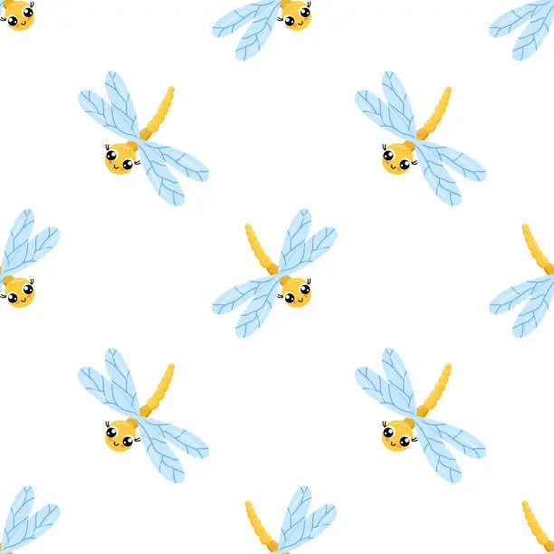 Vector illustration of Seamless pattern with cute dragonfly character. Funny dragonfly on white for children and newborn fabric.