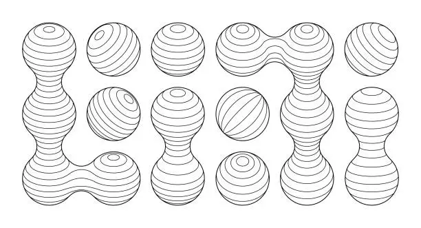 Vector illustration of Metaball connected circles wireframe. y2k shape connection mesh. Atom molecule surface pattern science frames. Abstract technology perspective blueprint.