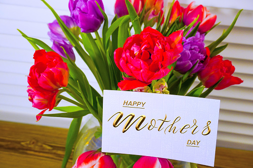 Happy mother's day!  Card, Banner, flyer,  Congratulations on Mother's Day, Bouquet of tulips