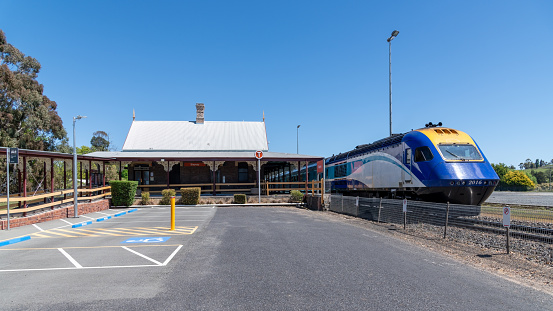 Blayney Train Station in the mid morning light with blue skies. Blayney, NSW, Australia.