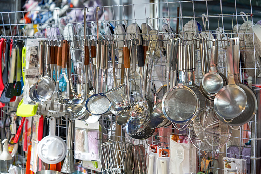 Stillife of pots, strainers, and other kitchen utensils in a large institutional kitchen. li]Click on any of the thumbnails below to see more kitchens./file_thumbview_approve.php?size=1&id=7348760