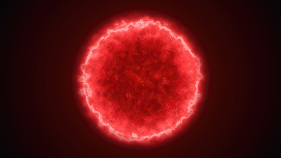 Red energy magic sphere round hi-tech light digital ball space planet star made of futuristic light rays lines and energy particles. Abstract background.