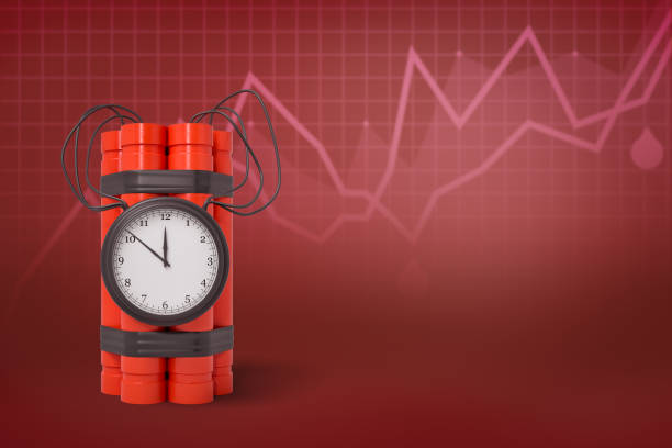3d rendering of time bomb standing on crimson background with blurred graphs and copy space. Try to meet deadline. Get overworked. Stress out at work.