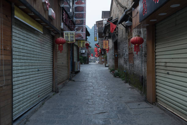 Yangshuo County, Guilin, Guangxi, China -  August 05, 2023: Empty ancient town streets in the early morning