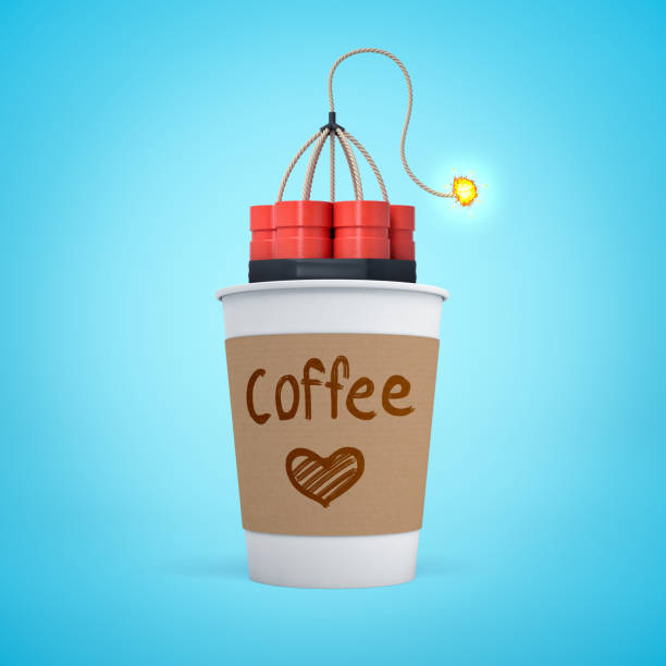 3d close-up rendering of single-use coffee cup with lit bundle of dynamite inside on light blue background. Drink caffeinated beverages. Stay awake. Boost energy levels.