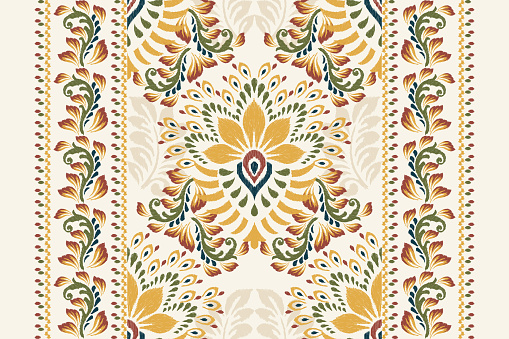 Ikat floral pattern on white background vector illustration.damask Ikat oriental embroidery.Aztec style,traditional,hand drawn,baroque art.design for texture,fabric,clothing,decoration,carpet,scarf.