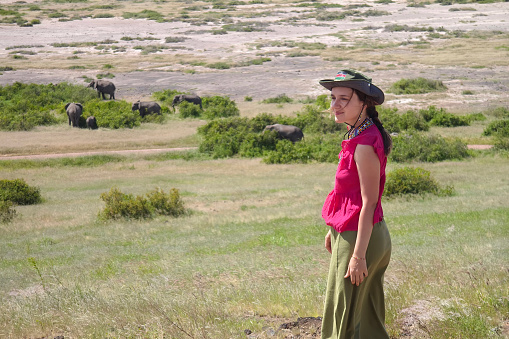 Woman tourist looking at Herd of elephants in the African savannah. Amboseli National Park.