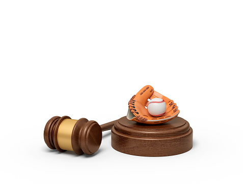 3d rendering of baseball and baseball glove lying on sounding block with judge gavel beside. Baseball player in trouble. Decide future of baseball. Sport law cases.