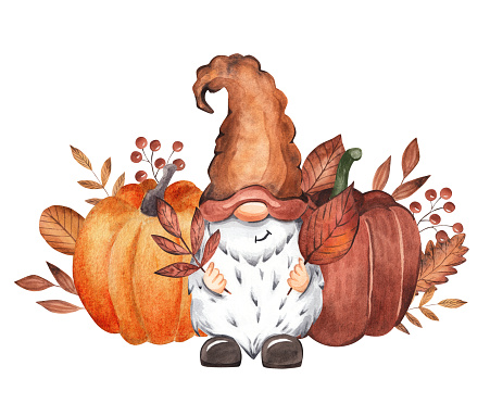 Funny gnome holding leaves. Autumn. Watercolor illustration