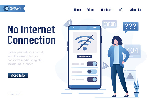 No internet connection, landing page template. wifi unavailable, user has no internet. Woman using smartphone offline and confused because there no wifi signal. Problems with router or network. vector