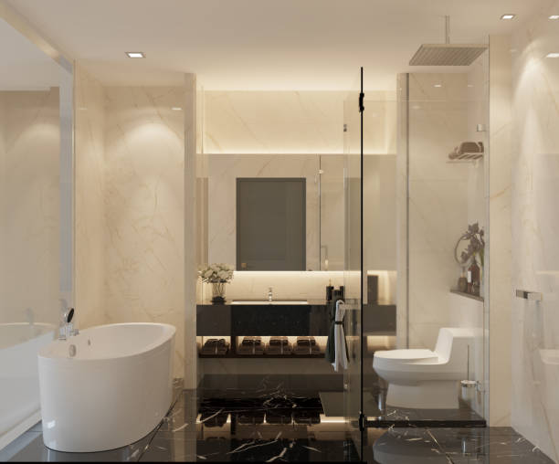 istock 3d rendering modern bathroom with shower and Bathtub. 2148099284