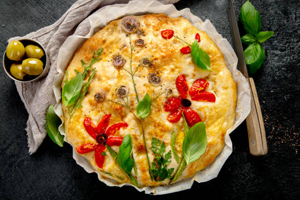 istock Focaccia art. Italian bread on dark background 2148100891