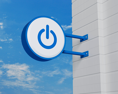 Power button icon on hanging blue rounded signboard over sky, Start up business concept, 3D rendering