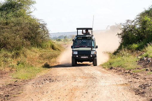 The SUV with an open roof is driving through the savannah in the afternoon. Safari game drive, Amboseli National Park, Kenya. February 5, 2024.