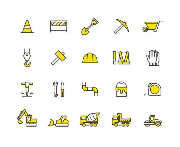 Construction-related color icon set. Construction-related color icon set. hardhat roadblock boundary barricade stock illustrations
